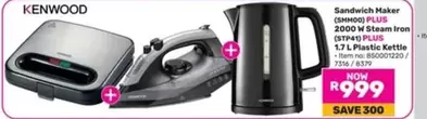 Kenwood - Sandwich Maker (SMM00) PLUS 2000 W Steam Iron (STP41) PLUS 1.7 L Plastic Kettle