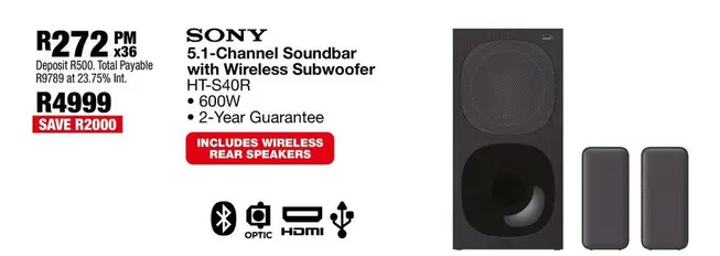 Sony - 5.1-Channel Soundbar with Wireless Subwoofer HT-S40R
