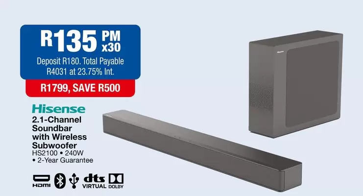 Hisense - 2.1-Channel Soundbar with Wireless Subwoofer HS2100