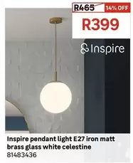 Inspire - Pendant Light E27 Iron Matt Brass Glass White Celestine