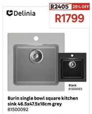 Delinia - Single Bowl Square Kitchen Sink 46.5x47.5x18cm Grey