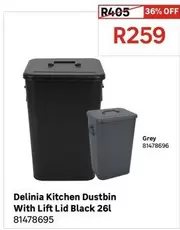 Delinia - Kitchen Dustbin With Lift Lid Black 26l