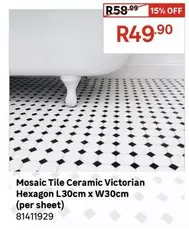 Mosaic Tile Ceramic Victorian Hexagon L30cm X W30cm (per Sheet)