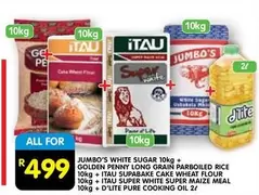 Jumbo - WHITE SUGAR 10kg + LONG GRAIN PARBOILED RICE 10kg + SUPABAKE CAKE WHEAT FLOUR 10kg + SUPER WHITE SUPER MAIZE MEAL 10kg + PURE COOKING OIL 2