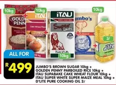 Jumbo - BROWN SUGAR 10kg + PARBOILED RICE 10kg + SUPABAKE CAKE WHEAT FLOUR 10kg + SUPER WHITE SUPER MAIZE MEAL 10kg + PURE COOKING OIL 2l