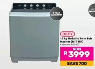 Defy - 15 kg Metallic Twin Tub Washer (DTT151)