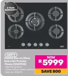 Defy - Gemini Gas on Glass Hob with Precise Flame (DHG905)