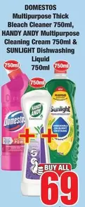 Domestos - Multipurpose Thick Bleach Cleaner 750ml, Multipurpose Cleaning Cream 750ml & Dishwashing Liquid 750ml