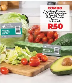 Lettuce Prepack, English Cucumber, Spanish Santé Cocktail Tomato Punnet, Avocado