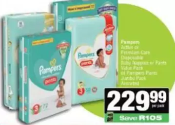 Pampers -  Active or Premium Care Disposable Baby Nappies or Pants