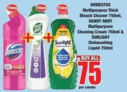 Domestos - Multipurpose Thick Bleach Cleaner 750ml, Multipurpose Cleaning Cream 750ml & Dishwashing Liquid 750ml