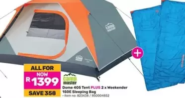 Camp Master - Dome 405 Tent PLUS 2 x Weekender 150E Sleeping Bag