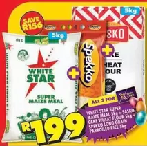 Spekko - WHITE STAR SUPER MAIZE MEAL 5kg + SASKQ CAKE WHEAT FLOUR 5kg + PARBOILED RICE 5kg