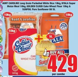 Nyala - Long Grain Parboiled White Rice 10kg, Super Maize Meal 10kg, Cake Wheat Flour 10kg & Pure Sunflower Oil 5L