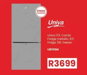 Univa - 117L Combi Fridge metallic, 87L fridge, 30L freezer UB155M