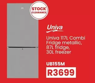 Univa -  117L Combi Fridge metallic, 87L fridge, 30L freezer UB155M