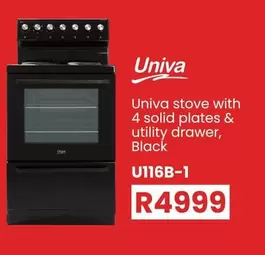 Univa - Stove with 4 solid plates & utility drawer, Black U116B-1