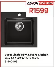 Burin - Single Bowl Square Kitchen Sink 46.5x47.5x18cm Black Black