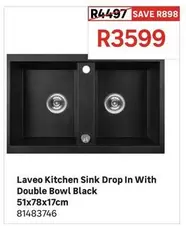 Laveo - Kitchen Sink Drop In With Double Bowl Black 51x78x17cm