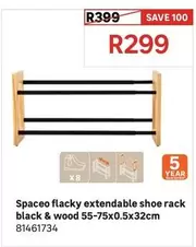 Spaceo - Flacky Extendable Shoe Rack Black & Wood 55-75x0.5x32cm