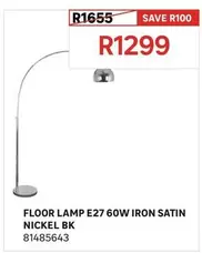 Floor Lamp E27 60W Iron Satin Nickel Bk