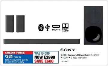 Sony - 5.1CH Surround Soundbar HT-S20R