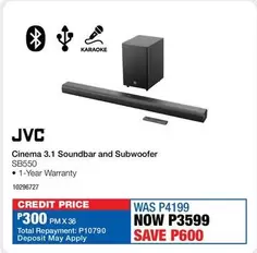 JVC - Cinema 3.1 Soundbar and Subwoofer SB550
