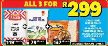 SASKO - Sasko Cake Wheat Flour 10kg + Ubrand Super Maize Meal 10kg + Spekko Long Grain Parboiled Rice 10kg
