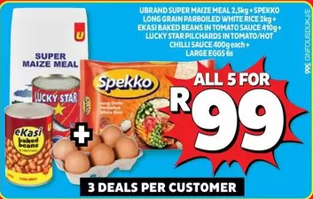 Lucky Star - SUPER MAIZE MEAL + LONG GRAIN PARBOILED WHITE RICE + EKASI BAKED BEANS IN TOMATO SAUCE + LUCKY STAR PILCHARDS IN TOMATO/HOT CHILLI SAUCE + LARGE EGGS