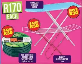 Standard Ironing Board, Mr. Gardener Garden Hose with Fittings 5-piece per set, Quality Clothes Dryer 18m