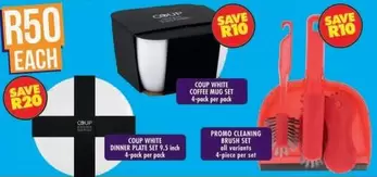 Coup White Coffee Mug Set, Coup White Dinner Plate Set, Promo Cleaning Brush Set