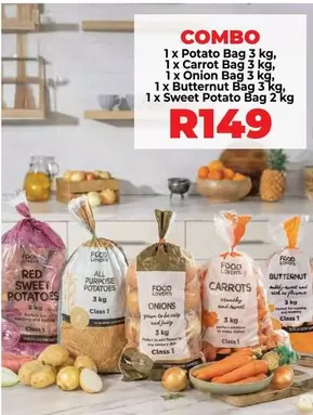 Lovers+ - COMBO 1 x Potato Bag 3 kg, 1 x Carrot Bag 3 kg, 1 x Onion Bag 3 kg, 1 x Butternut Bag 3 kg, 1 x Sweet Potato Bag 2 kg
