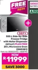 Defy - 555 L Side-by-Side Freezer Fridge with Water Dispenser (DFF647) PLUS FREE 20 L Microwave Oven (DM0381)