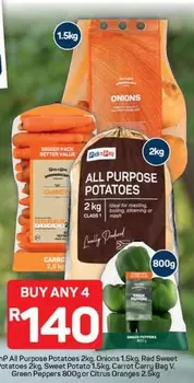 All Purpose Potatoes, Onions, Red Sweet Potatoes, Carrot, Bagged Veg, Citrus