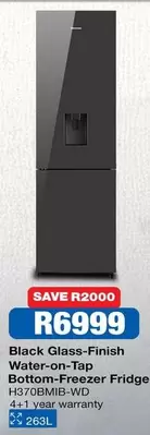 Hisense - Black Glass-Finish Water-on-Tap Bottom-Freezer Fridge H370BMIB-WD