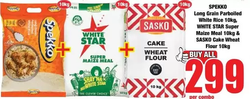 Spekko - Long Grain Parboiled White Rice 10kg, Super Maize Meal 10kg & Cake Wheat Flour 10kg