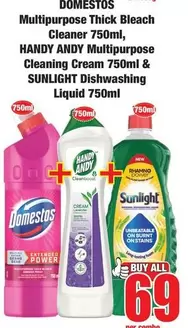 Domestos - Multipurpose Thick Bleach Cleaner 750ml, Multipurpose Cleaning Cream 750ml & Dishwashing Liquid 750ml