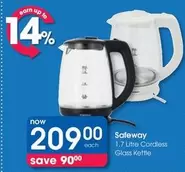 Safeway - 1.7 Litre Cordless Glass Kettle