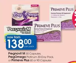 Omega - Pregnavit M 30 Capsules, Preg Platinum 30-Day Pack, or Primeve Plus 60 or 90 Capsules