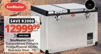 Snomaster - Dual Compartment Portable Fridge/Freezer AC/DC Stainless Steel - 72L