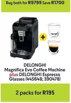 Delonghi - Magnifica Evo Coffee Machine plus Espresso Glasses (445648; 390478)