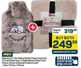 Coral - Hot Water Bottle Plush Assorted + Real Home Fluffy  Fleece Throw Assorted Colours