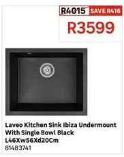 Laveo - Kitchen Sink Ibiza Undermount With Single Bowl Black L46Xw56Xd20Cm