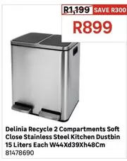 Delinia - Recycle 2 Compartments Soft Close Stainless Steel Kitchen Dustbin 15 Liters Each W44Xd39Xh48Cm