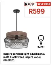 Inspire Pendant Light E27x1 Metal Matt Black Wood Inspire Kanel