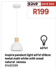 Inspire Pendant Light E27x1 D18cm Metal Matt White With Wood Natural Venosa