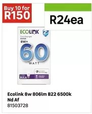 Ecolink 8w 806lm B22 6500k Nd Af 