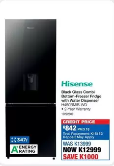 Hisense - Black Glass Combi Bottom-Freezer Fridge with Water Dispenser H450BMB-WD
