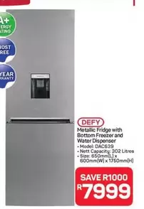 Defy - Metallic Fridge with Bottom Freezer and Water Dispenser