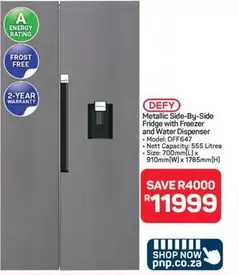 Defy - Metallic Side-By-Side Fridge with Freezer and Water Dispenser